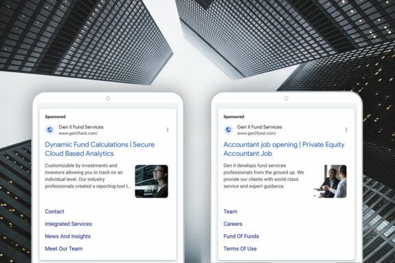 Google Search ads for Gen II Fund are shown on a smartphone.