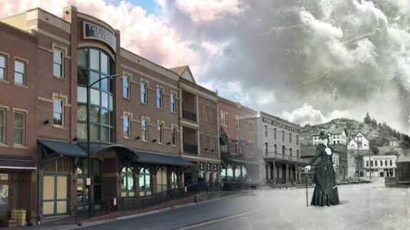 The Gilpin Casino is shown present day at left, with a ghost on the right in black and white.