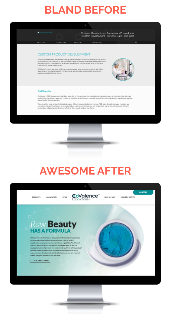 The homepage for CoValence Laboratories is shown on desktop computers before and after a web redesign.