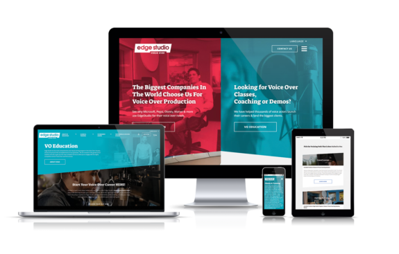 Edge Studio's new website is shown on a laptop, desktop computer, smartphone, and tablet.