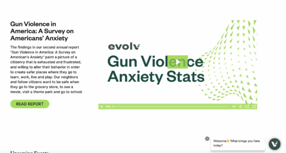 A video and brief on Evolv Technology features a poll on Americans' anxiety levels with gun violence.